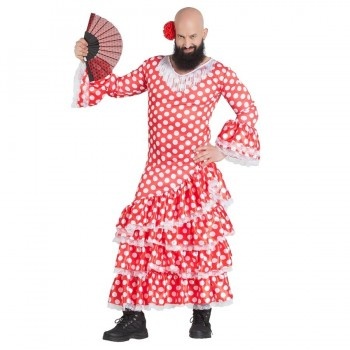 Homem com vestido vermelho de bolinhas brancas e leque
