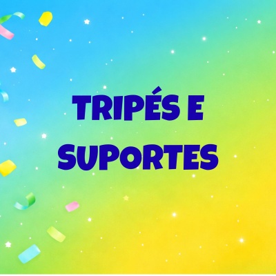 Texto TRIPÉS E SUPORTES em fundo gradiente colorido com confetes
