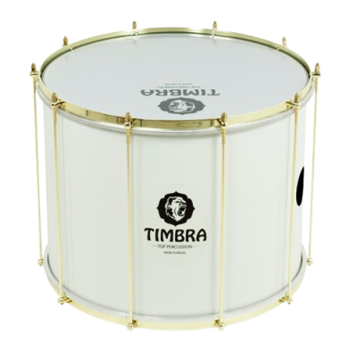 Bombo branco com aros e hastes douradas, marca TIMBRA e logotipo de leão
