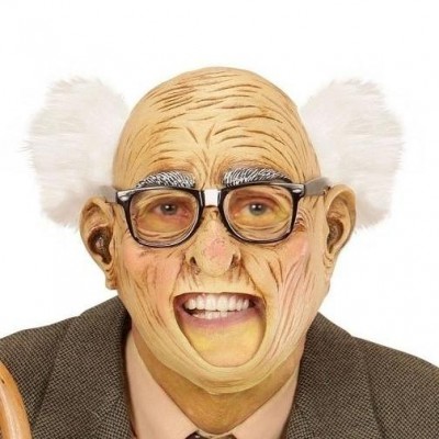 Máscara de homem idoso com cabelo branco e óculos