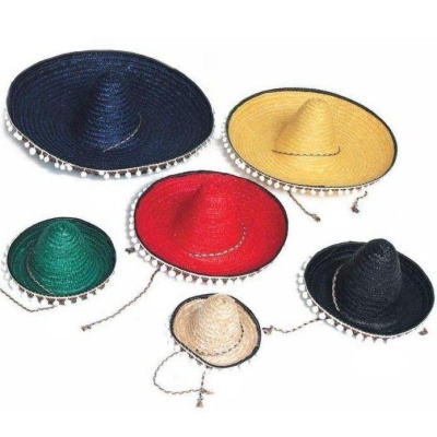 Seis chapéus de palha coloridos com pompons e cordões ajustáveis