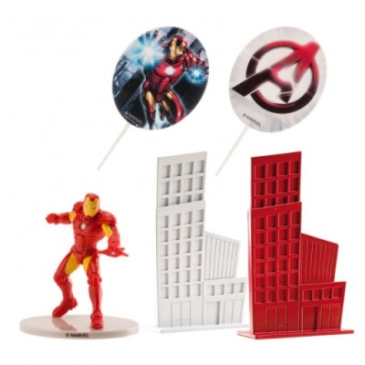 Figurina do Homem de Ferro com discos decorativos e suportes em forma de edifícios