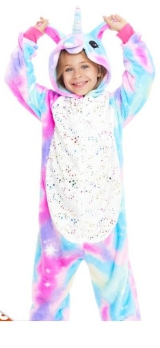 Macacão infantil unicórnio felpudo multicolorido com capuz e chifre