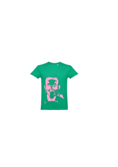 T-shirt verde com estampa rosa de rosto com óculos e aparelho respiratório