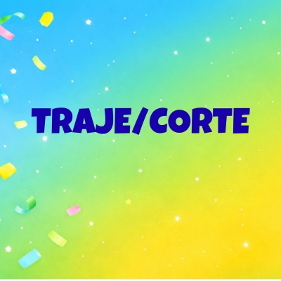 Fundo colorido com texto TRAJE/CORTE em azul escuro e confetes coloridos