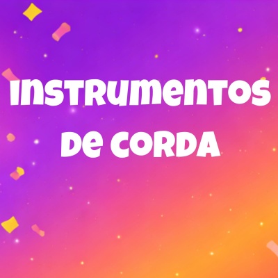 Fundo roxo e laranja com texto branco INSTRUMENTOS DE CORDA