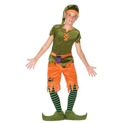 Fantasia de duende verde e laranja para criança com meias riscas e sapatos pontiagudos