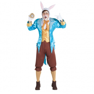 Pessoa vestida com fantasia de coelho colorida com relógio nas mãos