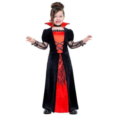 Vestido infantil preto e vermelho com gola alta e mangas de renda