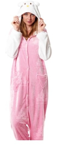Fato macaco cor de rosa com capuz branco com orelhas e olhos, pessoa vestindo