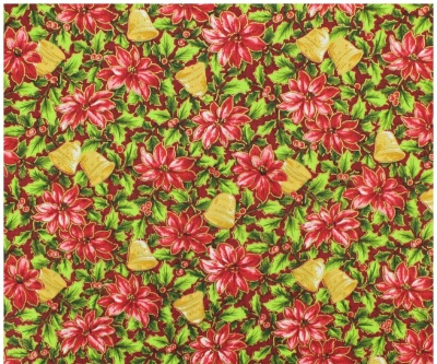 Tecido com padrão de flores vermelhas, folhas verdes e sinos dourados