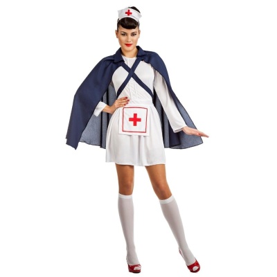 Fantasia de enfermeira com vestido branco, capa azul e touca com cruz vermelha