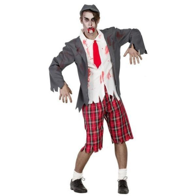 fato zumbi escolar com casaco cinzento, camisa branca, gravata vermelha, calções xadrez e boné cinzento