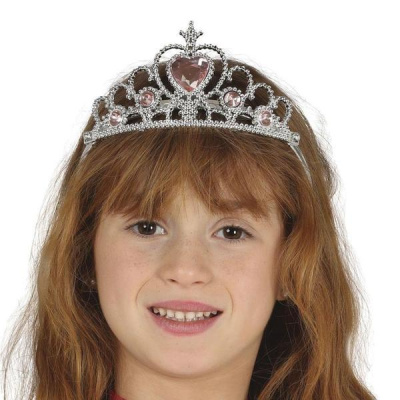 Tiara prateada com pedras rosa em criança