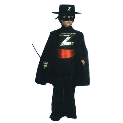 Fantasia infantil do Zorro com capa, máscara e chapéu pretos e cinto vermelho