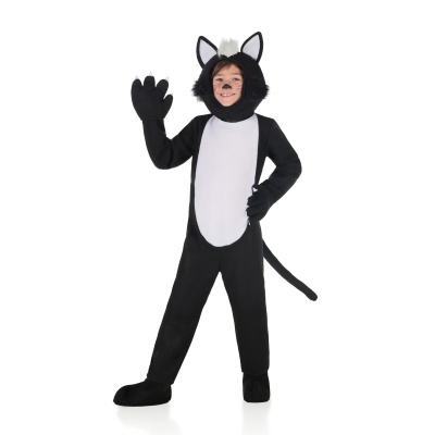 Fato de gato para criança preto e branco com cauda e orelhas peludas