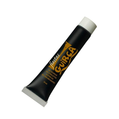 Tubo preto de gel glitter com texto em amarelo e branco