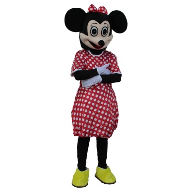 Disfarce Minnie Mouse com vestido vermelho de bolinhas e sapatos amarelos