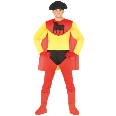 Fato de Carnaval masculino em amarelo, vermelho e preto com símbolo de touro