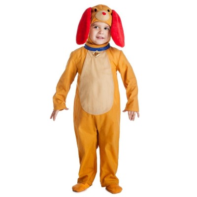 Fato criança cão castanho com capuz e orelhas vermelhas