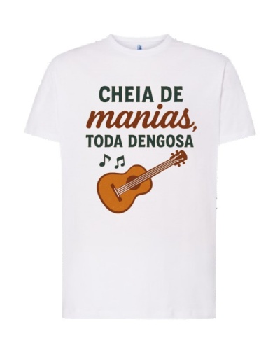 T-shirt branca com texto e imagem de guitarra e notas musicais