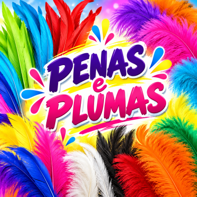 Penas e plumas coloridas com texto central PENAS e PLUMAS
