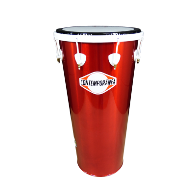 Tambor de percussão vermelho com aro branco e pele preta com marca CONTEMPORÂNEA.