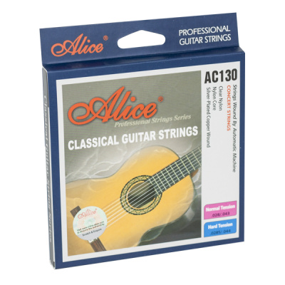 Embalagem de cordas para guitarra clássica Alice AC130 com imagem de guitarra amarela e texto de características
