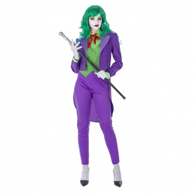 Fato cosplay Coringa com casaco roxo, colete verde e peruca verde