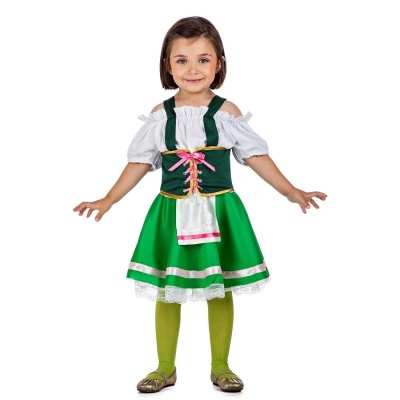 Criança em traje tradicional verde e branco com avental e collants verdes