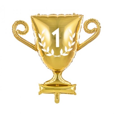 Balão dourado em forma de troféu com número 1 e coroa de louros