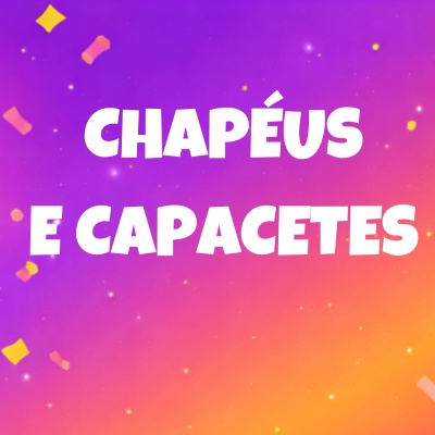 Texto CHAPÉUS E CAPACETES em fundo laranja para roxo com confetes