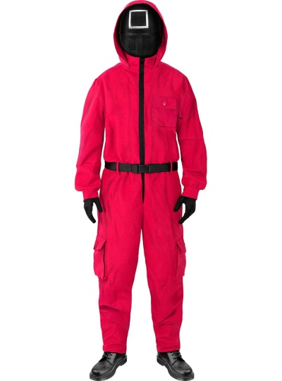 Macacão rosa com capuz e máscara preta com visor branco