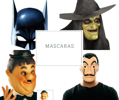 Quatro máscaras de personagens diferentes penduradas numa parede branca com um cartaz ao centro que diz MASCARAS