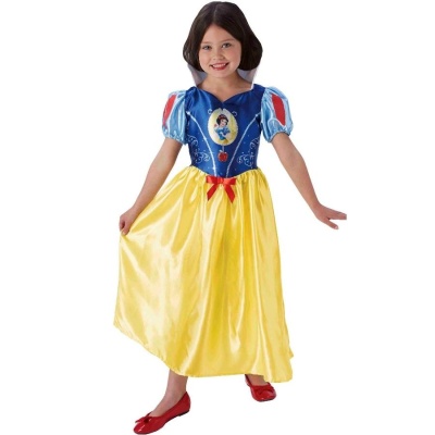 Vestido de princesa azul e amarelo com imagem da Branca de Neve usado por criança