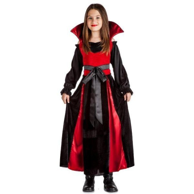 Fato infantil de vampira preto e vermelho com gola alta e fita preta