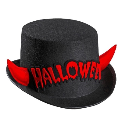 Chapéu cartola preto com cornos vermelhos e texto Halloween em vermelho.