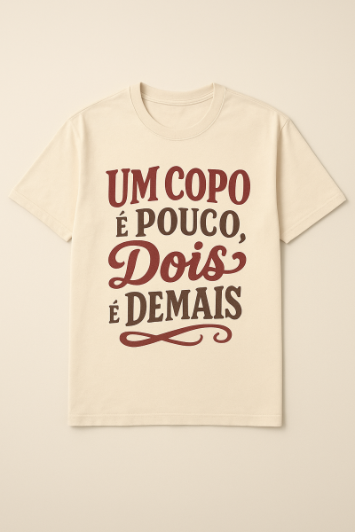 T-shirt bege com texto impresso em castanho e vermelho