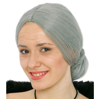 Peruca cinzenta lisa com coque baixo