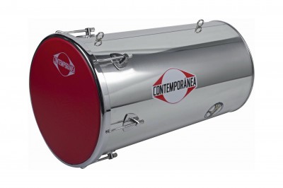 Tambor metálico cilíndrico com tampo vermelho e logótipo Contemporânea