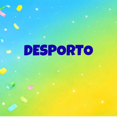 Fundo colorido com confetes e texto DESPORTO em azul