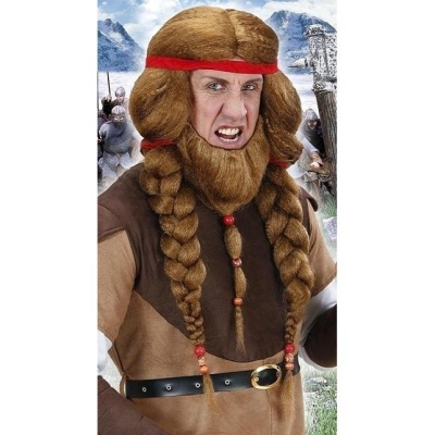 Peruca castanha com tranças longas e barba trançada com conta vermelha e faixa vermelha.