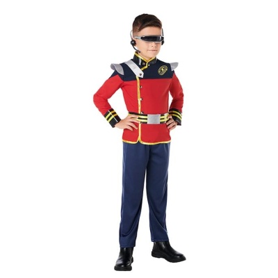 Fato infantil de fantasia vermelho e azul com acessórios