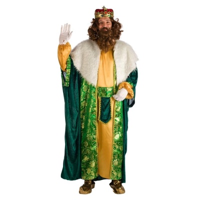 Fato de rei verde e amarelo com coroa e luvas brancas