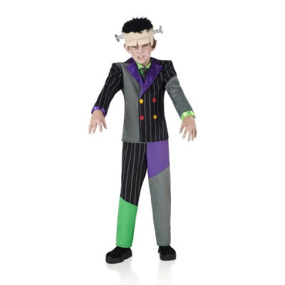 Criança com fato de Frankenstein colorido e parafusos na cabeça