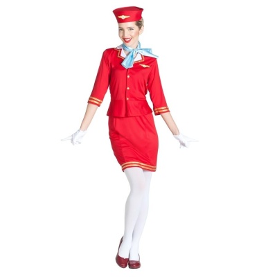 Uniforme completo de aeromoça vermelho com acessórios brancos e azuis