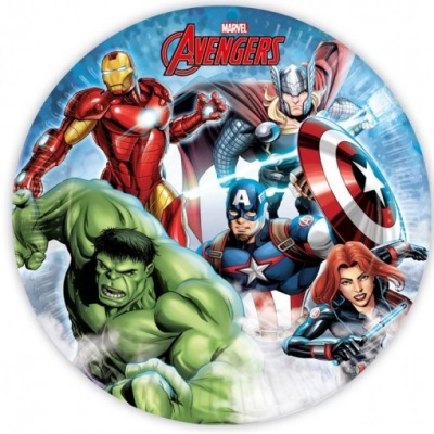 Prato redondo com design Marvel Avengers e texto MARVEL AVENGERS