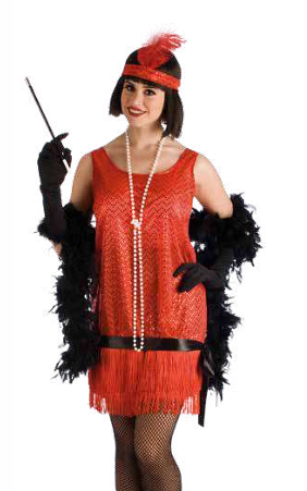 Mulher com vestido laranja e acessórios dos anos 1920 em fundo branco