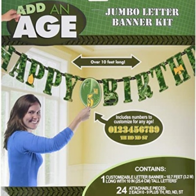 Kit faixa letras jumbo camuflado verde 'HAPPY BIRTHDAY' com números personalizáveis e símbolos