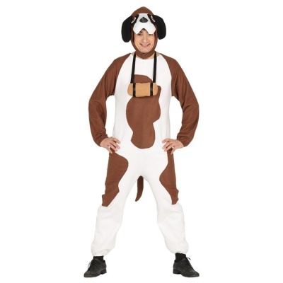 Fato de cão castanho e branco com capuz e bolsa no peito